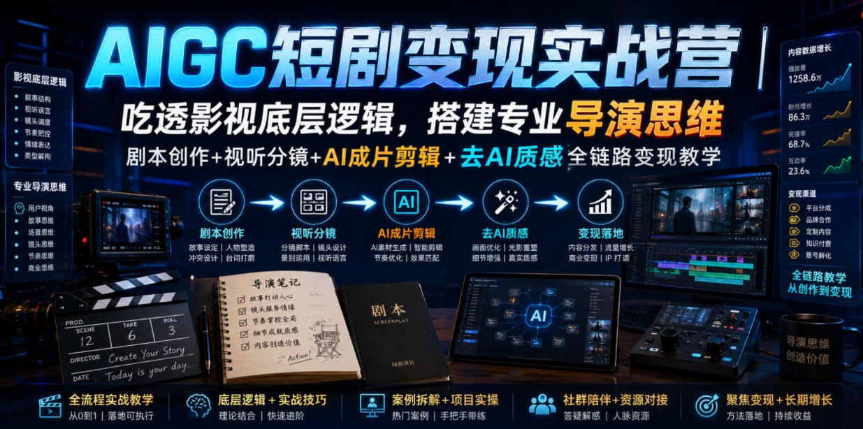 AIGC短剧变现实战营｜吃透影视底层逻辑，搭建专业导演思维，剧本创作+视听分镜+AI成片剪辑+去AI质感全链路变现教学-御文网