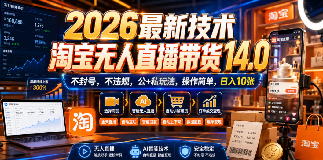 2026最新技术，淘宝无人直播带货14.0，不封号，不违规，公+私玩法，操作简单，日入10张【揭秘】-御文网