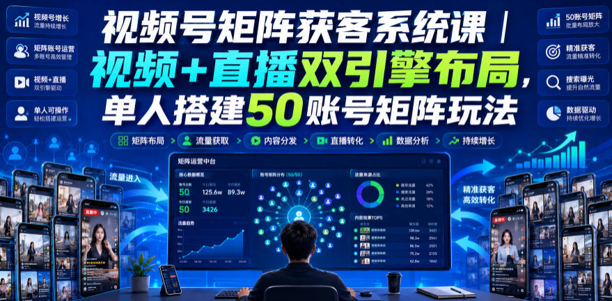 视频号矩阵获客系统课｜视频+直播双引擎布局，单人搭建50账号矩阵玩法，流量入池、搜索占位、全域引流沉淀私域全流程教学-御文网