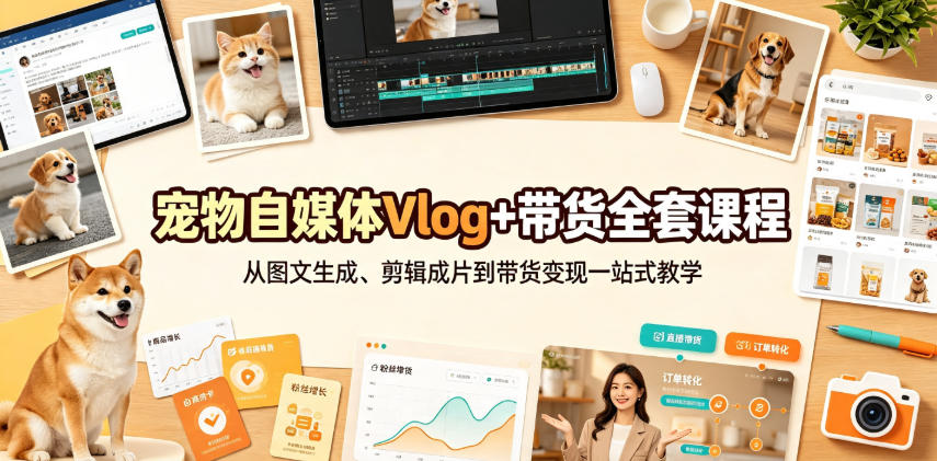 宠物自媒体Vlog+带货全套课程｜从图文生成、剪辑成片到带货变现一站式教学-御文网