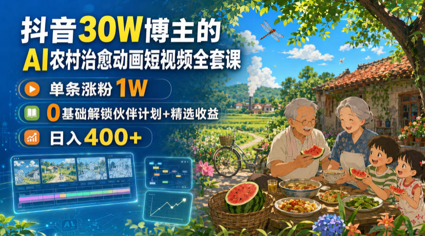 抖音30W博主的AI农村治愈动画短视频全套课｜单条涨粉1W，0基础解锁伙伴计划+精选收益，日入400+-御文网