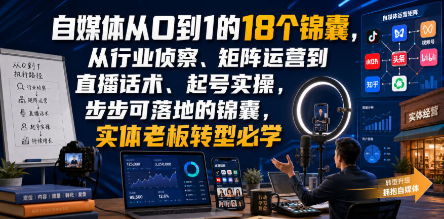 自媒体从0到1的18个锦囊，从行业侦察、矩阵运营到直播话术、起号实操，步步可落地的锦囊，实体老板转型必学-御文网