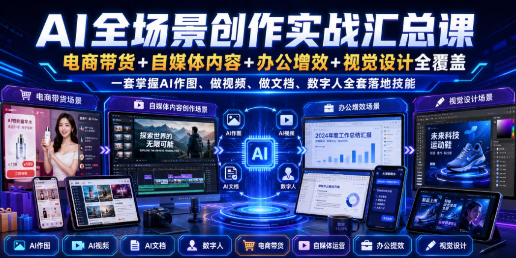 AI全场景创作实战汇总课｜电商带货+自媒体内容+办公增效+视觉设计全覆盖，一套掌握AI作图、做视频、做文档、数字人全套落地技能-御文网