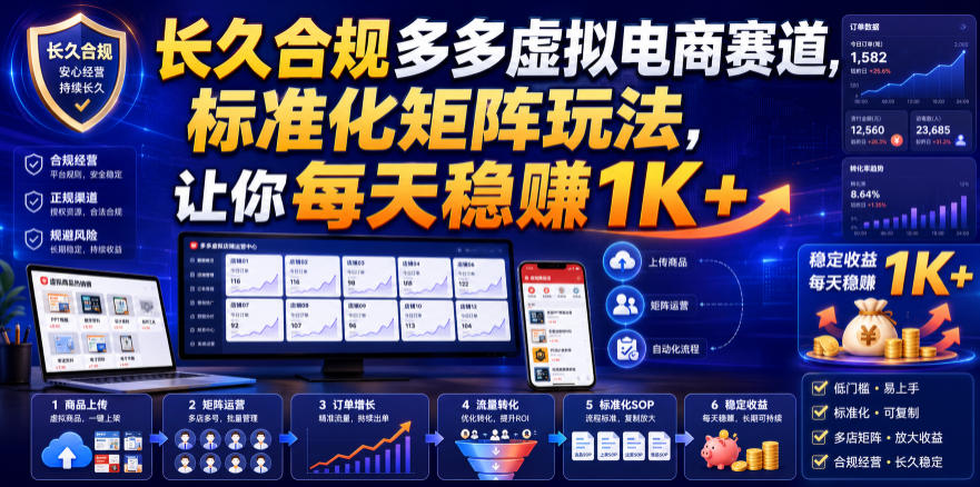 长久合规多多虚拟电商赛道，标准化矩阵玩法，让你每天稳賺1K+【揭秘】-御文网