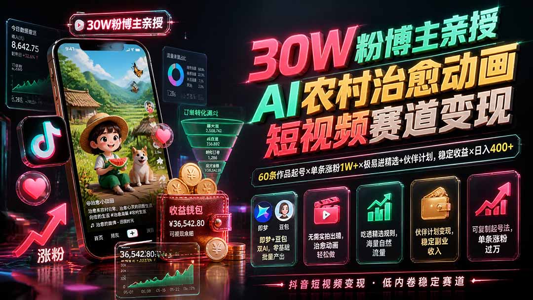 30W粉博主亲授AI农村治愈动画短视频赛道变现:60条作品起号×单条涨粉1W+×极易进精选+伙伴计划,稳定收益×日入400+-御文网
