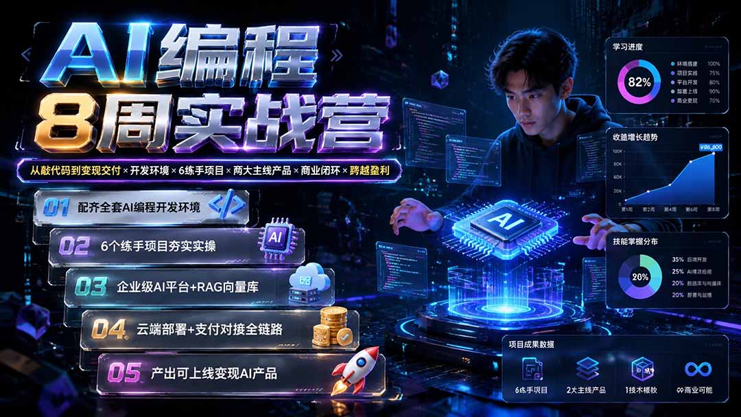 AI编程8周实战营:从敲代码到变现交付×开发环境×6练手项目×两大主线产品×商业闭环×跨越盈利-御文网