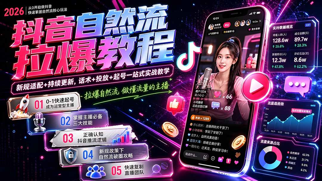 抖音自然流拉爆教程-更新7月：做懂流量的主播，新规适配+持续更新，话术+投放+起号一站式实战教学-御文网
