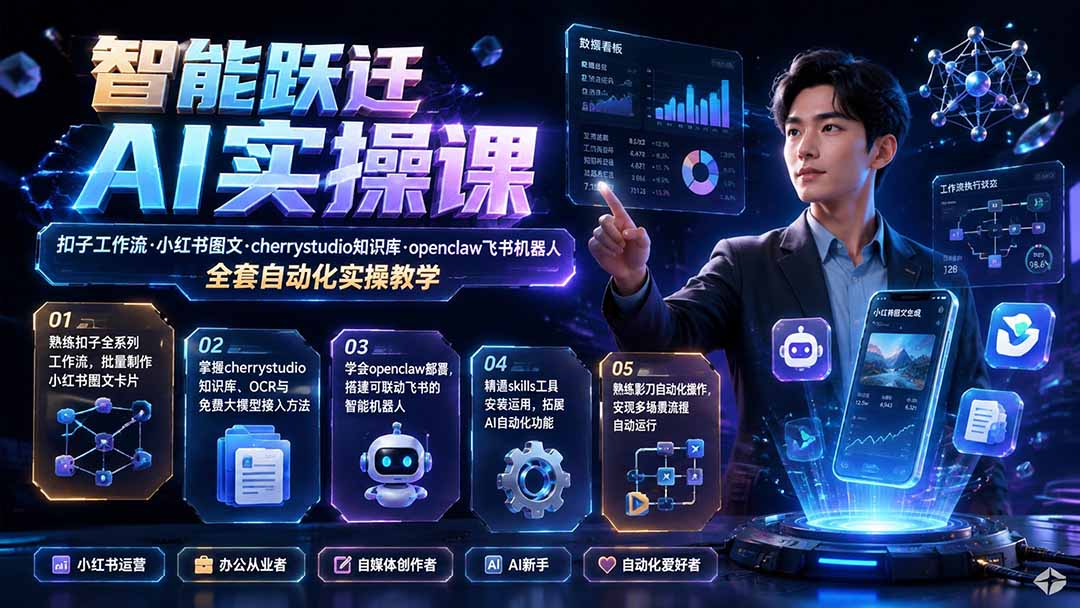 智能跃迁 AI实操课|扣子工作流小红书图文搭建,cherrystudio知识库openclaw飞书机器人全套自动化实操教学-御文网