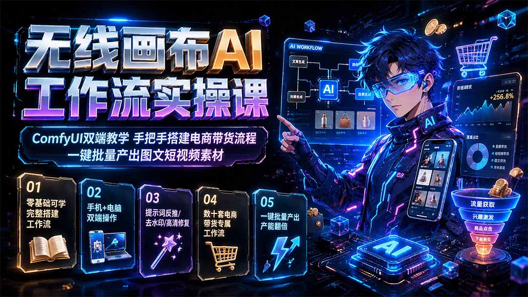 无线画布AI工作流实操课｜ComfyUI双端教学，手把手搭建电商带货流程，一键批量产出图文短视频素材-御文网