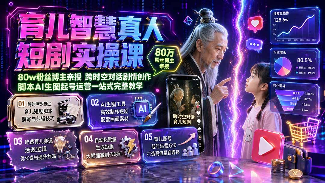 育儿智慧真人短剧实操课|80w粉丝博主亲授,跨时空对话剧情创作,脚本AI生图起号运营一站式完整教学-御文网