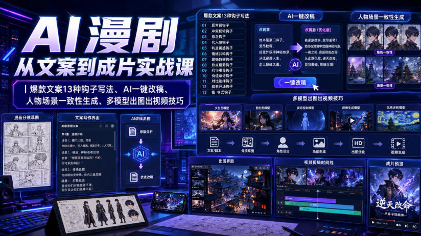 AI漫剧从文案到成片实战课｜爆款文案13种钩子写法、AI一键改稿、人物场景一致性生成、多模型出图出视频技巧-御文网