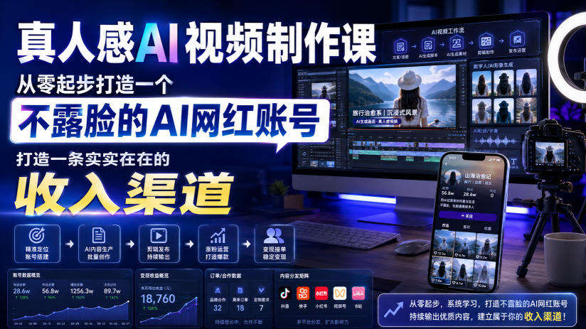 真人感AI视频制作课，从零起步打造一个不露脸的AI网红账号，打造一条实实在在的收入渠道【原创双语字幕】-御文网