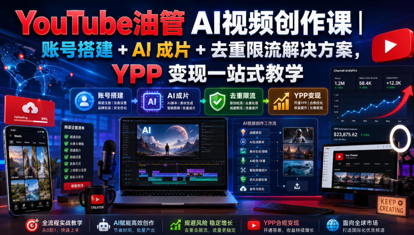 YouTube油管AI视频创作课｜账号搭建+AI成片+去重限流解决方案，YPP变现一站式教学-御文网