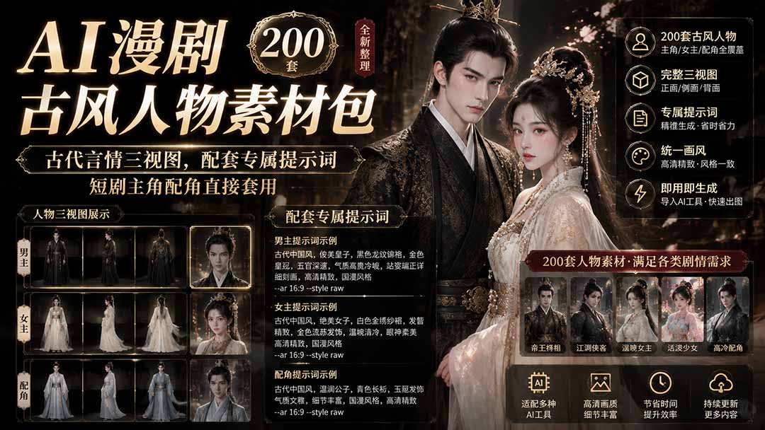 AI漫剧古风人物素材包+提示词|200 套古代言情三视图,配套专属提示词短剧主角配角直接套用-御文网