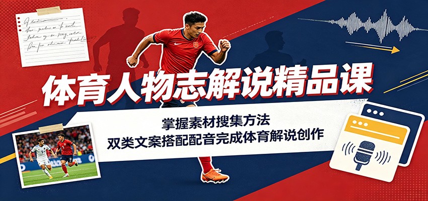 体育人物志解说精品课：掌握素材搜集方法，双类文案搭配配音完成体育解说创作-御文网