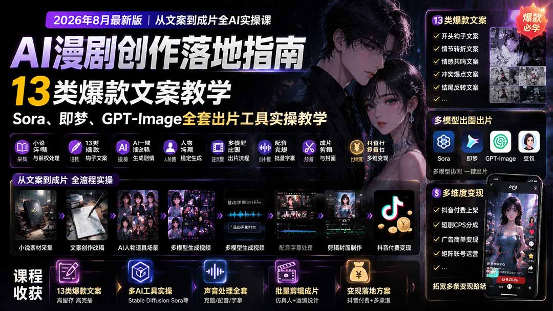 AI漫剧创作落地指南｜13类爆款文案教学，Sora、即梦、GPT-Image全套出片工具实操教学-御文网