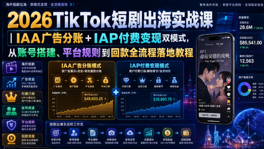 2026TikTok短剧出海实战课|IAA广告分账+IAP付费变现双模式,从账号搭建、平台规则到回款全流程落地教程-御文网