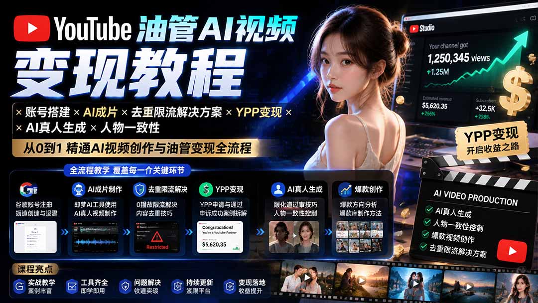 YouTube油管AI视频变现教程：账号搭建×AI成片×去重限流解决方案×YPP变现×AI真人生成×人物一致性-御文网