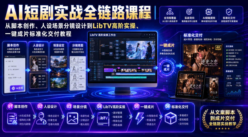 AI短剧实战全链路课程|从脚本创作、人设场景分镜设计到LibTV高阶实操、一键成片标准化交付教程-御文网