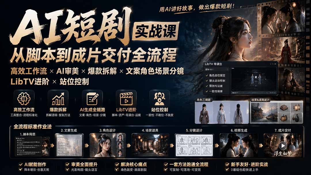 AI短剧实战课：高效工作流×AI审美×爆款拆解×文案角色场景分镜×LibTV进阶×站位控制×从脚本到成片交付全流程-御文网