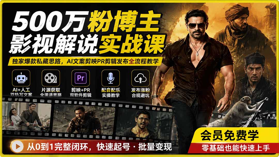 500万粉博主影视解说实战课｜独家爆款私藏思路，AI文案剪映PR剪辑发布全流程教学-御文网
