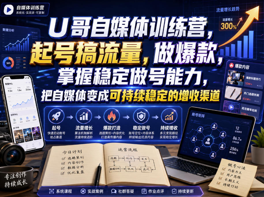 U哥自媒体训练营，起号搞流量，做爆款，掌握稳定做号能力，把自媒体变成可持续稳定的增收渠道-御文网