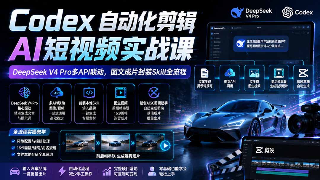 Codex自动化剪辑AI短视频实战课|DeepSeek V4 Pro多API联动,图文成片封装Skill全流程-御文网