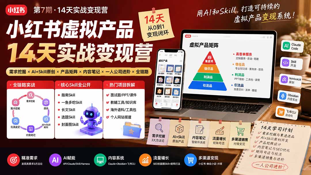小红书虚拟产品14天实战变现营-第7期:需求挖掘×AI+Skill原创×产品矩阵×内容笔记×一人公司进阶×全链路-御文网