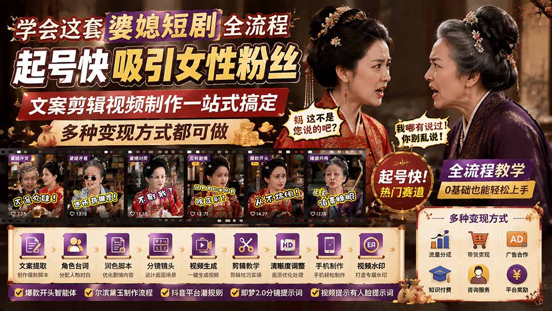 学会这套婆媳短剧全流程：起号快吸引女性粉丝，文案剪辑视频制作一站式搞定，多种变现方式都可做-御文网