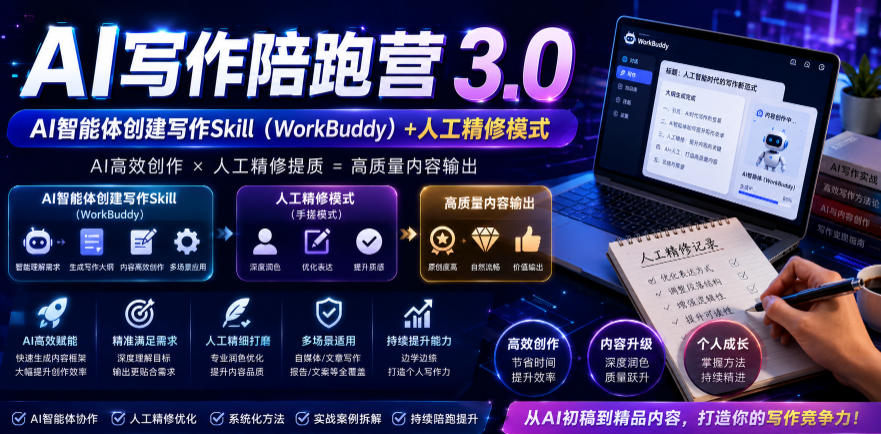 AI写作陪跑营3.0，Ai智能体创建写作skill(workbuddy)+人工手写模式(手搓模式)，去除AI痕迹(头条号、公众号、百家号)(更新0806)-御文网