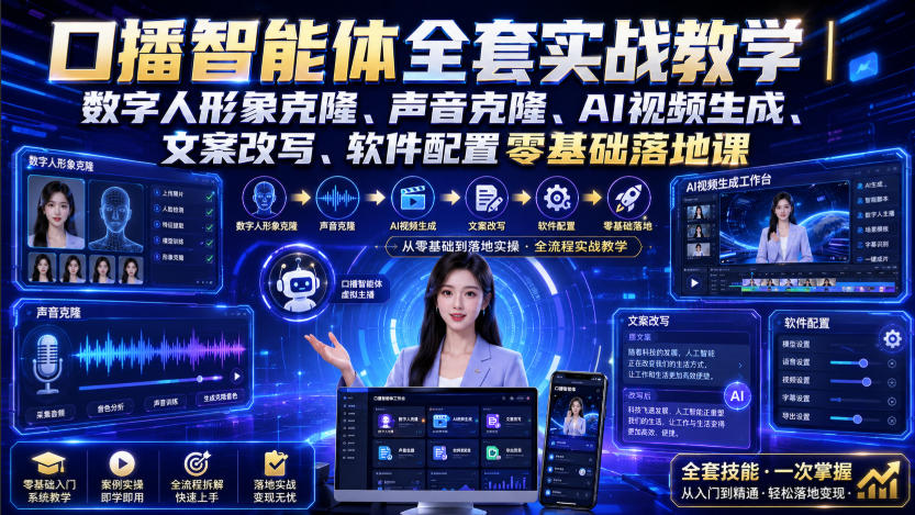 口播智能体全套实战教学｜数字人形象克隆、声音克隆、AI视频生成、文案改写、软件配置零基础落地课-御文网