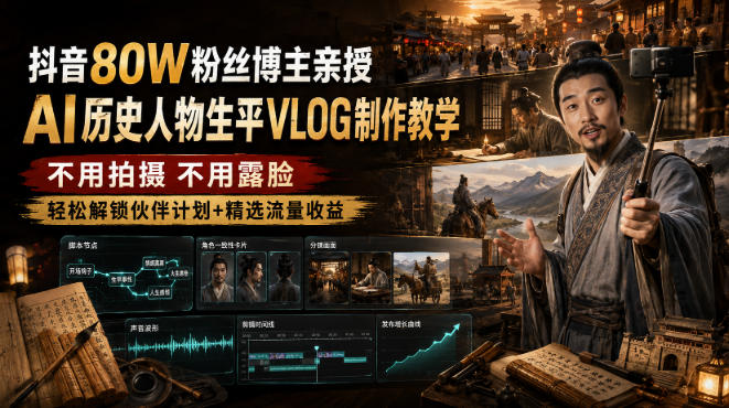 抖音80W粉丝博主的AI历史人物生平VLOG教学，不用拍摄不用露脸，AI帮你搞定，轻松解锁伙伴计划+精选收益-御文网