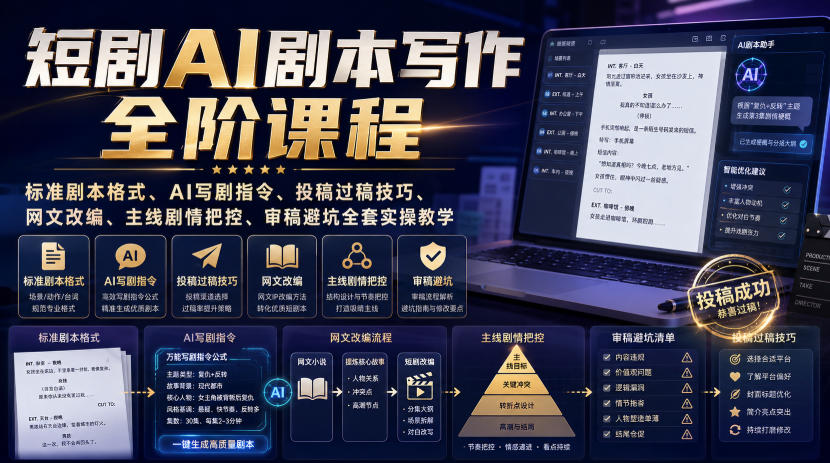 短剧AI剧本写作全阶课程|标准剧本格式、AI写剧指令、投稿过稿技巧、网文改编、主线剧情把控、审稿避坑全套实操教学-御文网