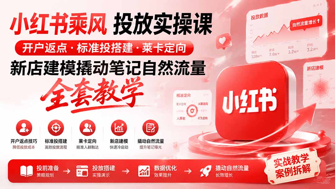 小红书乘风投放-100分钟实操课｜开户返点·标准投搭建·莱卡定向，新店建模撬动笔记自然流量全套教学-御文网