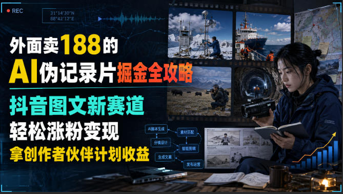 外面卖188的AI伪记录片掘金全攻略,抖音图文新赛道,轻松涨粉变现,拿创作者伙伴计划收益【文档】-御文网