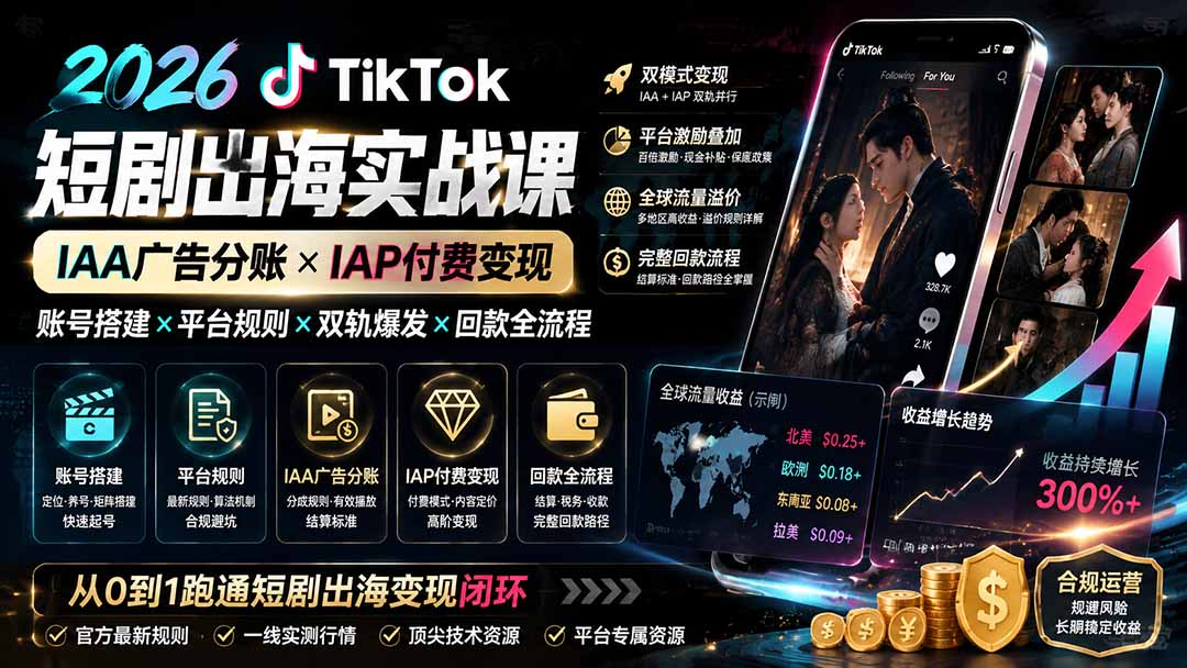 2026TikTok短剧出海实战课：IAA广告分账×IAP付费变现×账号搭建×平台规则×双轨爆发×回款全流程-御文网
