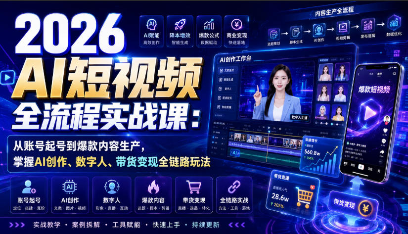 2026 AI短视频全流程实战课：从账号起号到爆款内容生产，掌握AI创作、数字人、带货变现全链路玩法-御文网