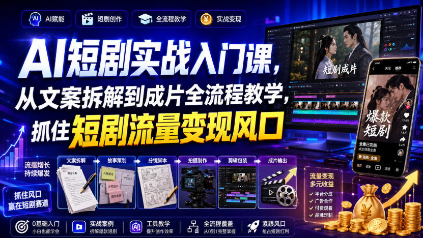 AI短剧实战入门课,从文案拆解到成片全流程教学,抓住短剧流量变现风口-御文网