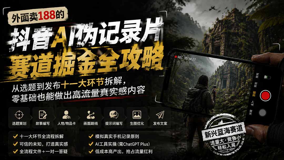 外面卖188的抖音AI伪记录片赛道掘金全攻略；从选题到发布十一大环节拆解，零基础也能做出高流量真实感内容-御文网