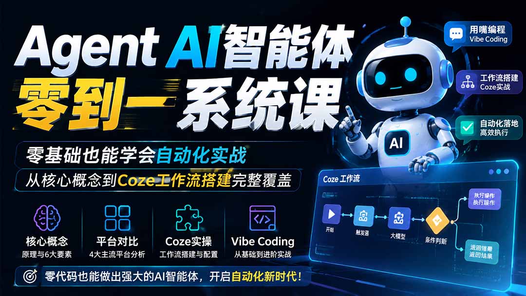 Agent AI智能体零到一系统课;零基础也能学会自动化实战,从核心概念到Coze工作流搭建完整覆盖-御文网