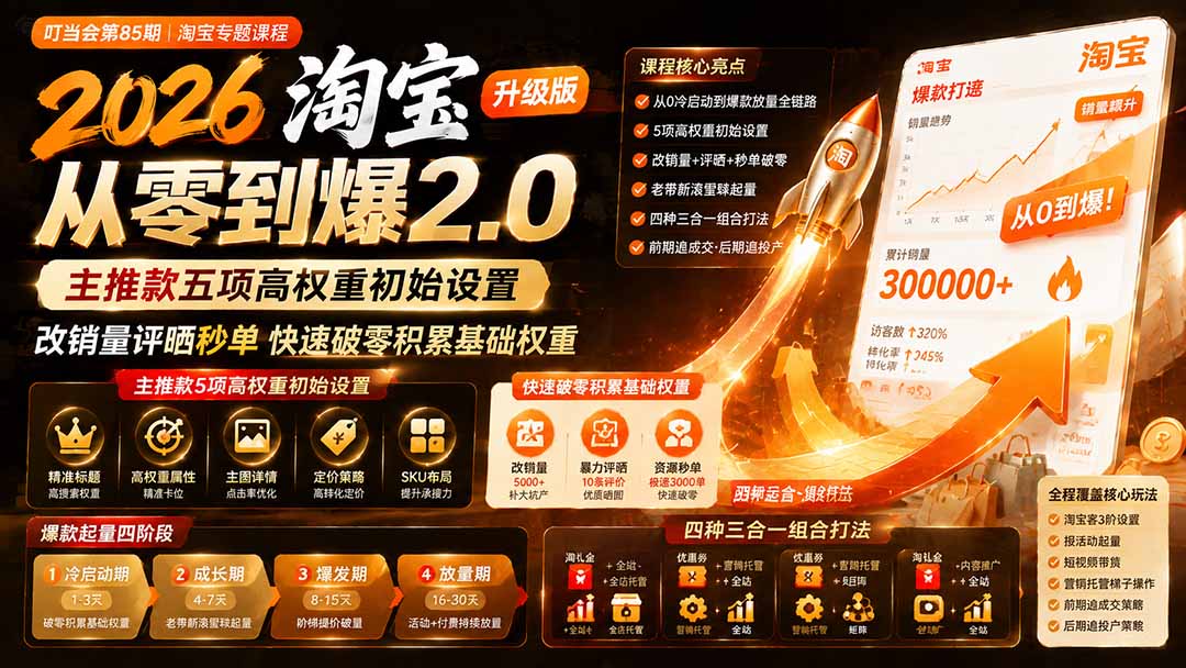 2026淘宝从零到爆2.0第85期；主推款五项高权重初始设置，改销量评晒秒单快速破零积累基础权重-御文网