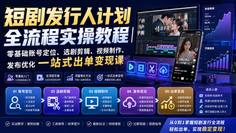 短剧发行人计划全流程实操教程｜零基础账号定位、选剧剪辑、视频制作、发布优化一站式出单变现课​-御文网