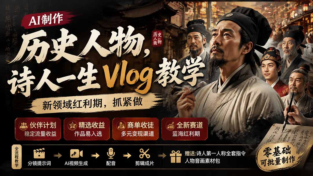 历史人物，诗人一生Vlog教学， AI制作丨伙伴计划丨精选收益丨商单收徒 ，新领域红利期，抓紧做-御文网
