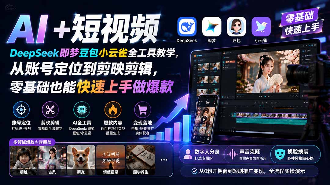 AI+短视频｜DeepSeek即梦豆包小云雀全工具教学，从账号定位到剪映剪辑，零基础也能快速上手做爆款-御文网