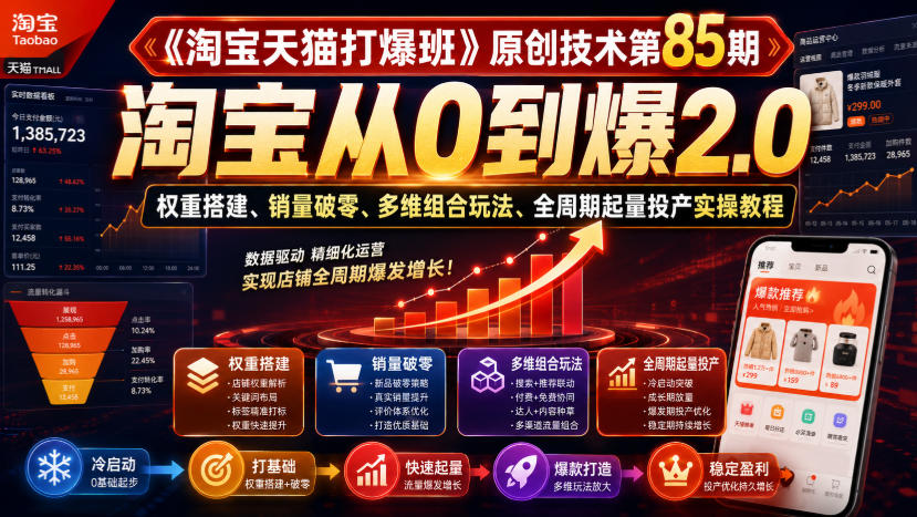 《淘宝天猫打爆班》原创技术第85期，淘宝从0到爆2.0，权重搭建、销量破零、多维组合玩法、全周期起量投产实操教程-御文网