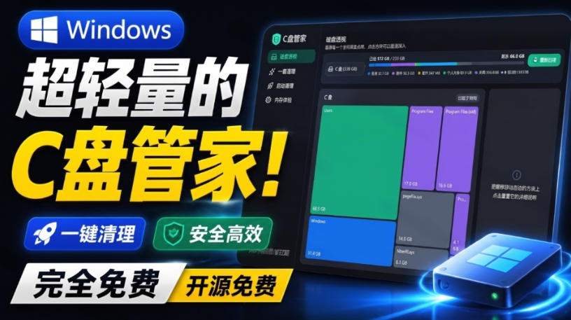 Windows超轻量的C盘管家！超级有特点，支持磁盘分析及清理提醒，2M大小体积，完全免费C盘管家-御文网