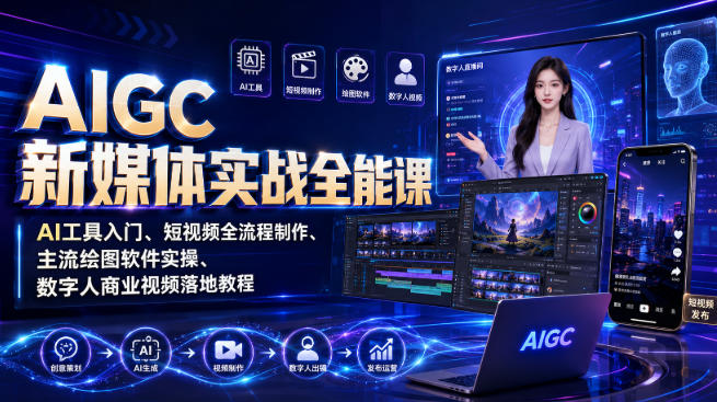 AIGC新媒体实战全能课|AI工具入门、短视频全流程制作、主流绘图软件实操、数字人商业视频落地教程-御文网