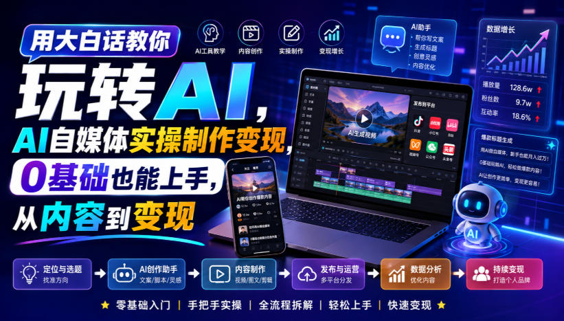 用大白话教你玩转AI，AI自媒体实操制作变现，0基础也能上手，从内容到变现-御文网