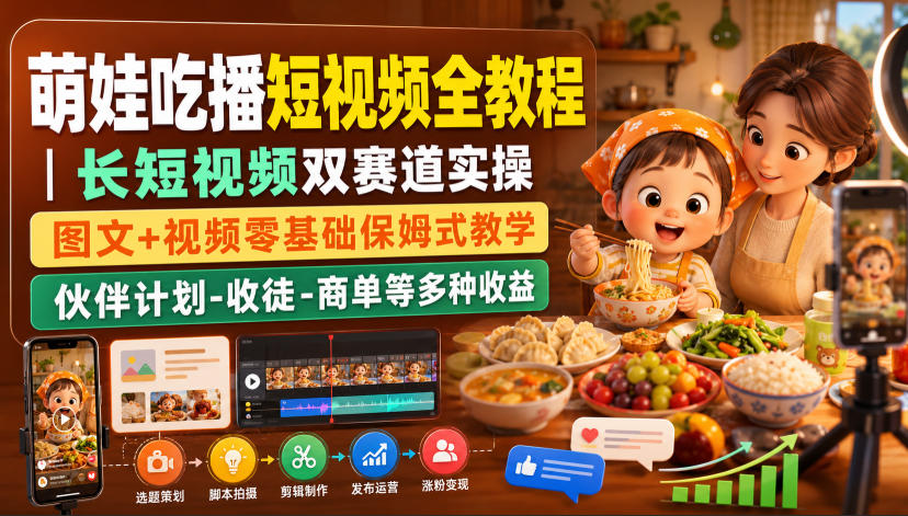 萌娃吃播短视频全教程｜长短视频双赛道实操，图文+视频零基础保姆式教学，伙伴计划-收徒-商单等多种变现方式-御文网