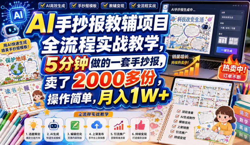 AI手抄报教辅项目全流程实战教学，5分钟做的一套手抄报，卖了2000多份，操作简单，月入1W+-御文网
